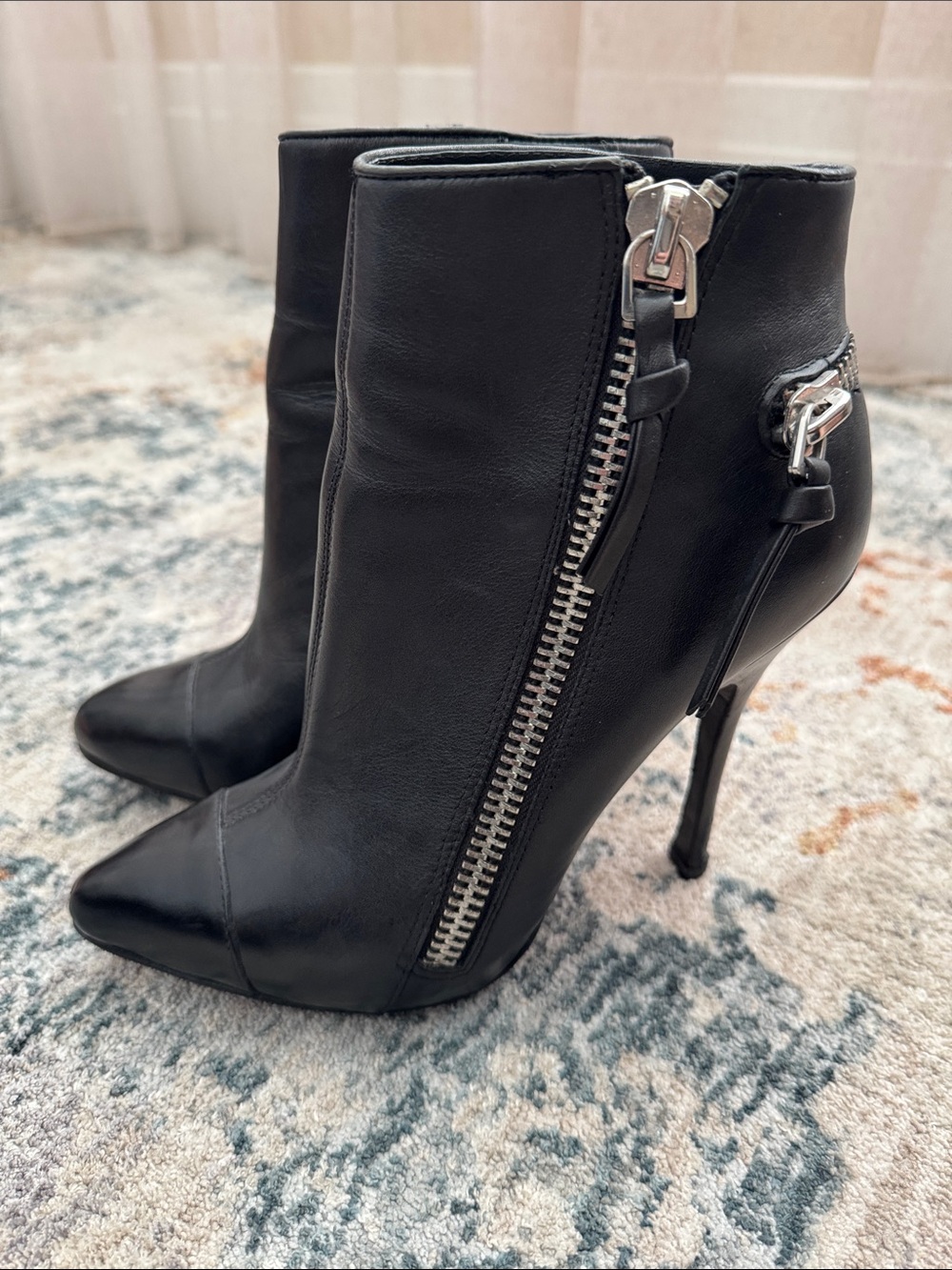 Black Leather Stiletto Ankle Boots with Silver Zipper
